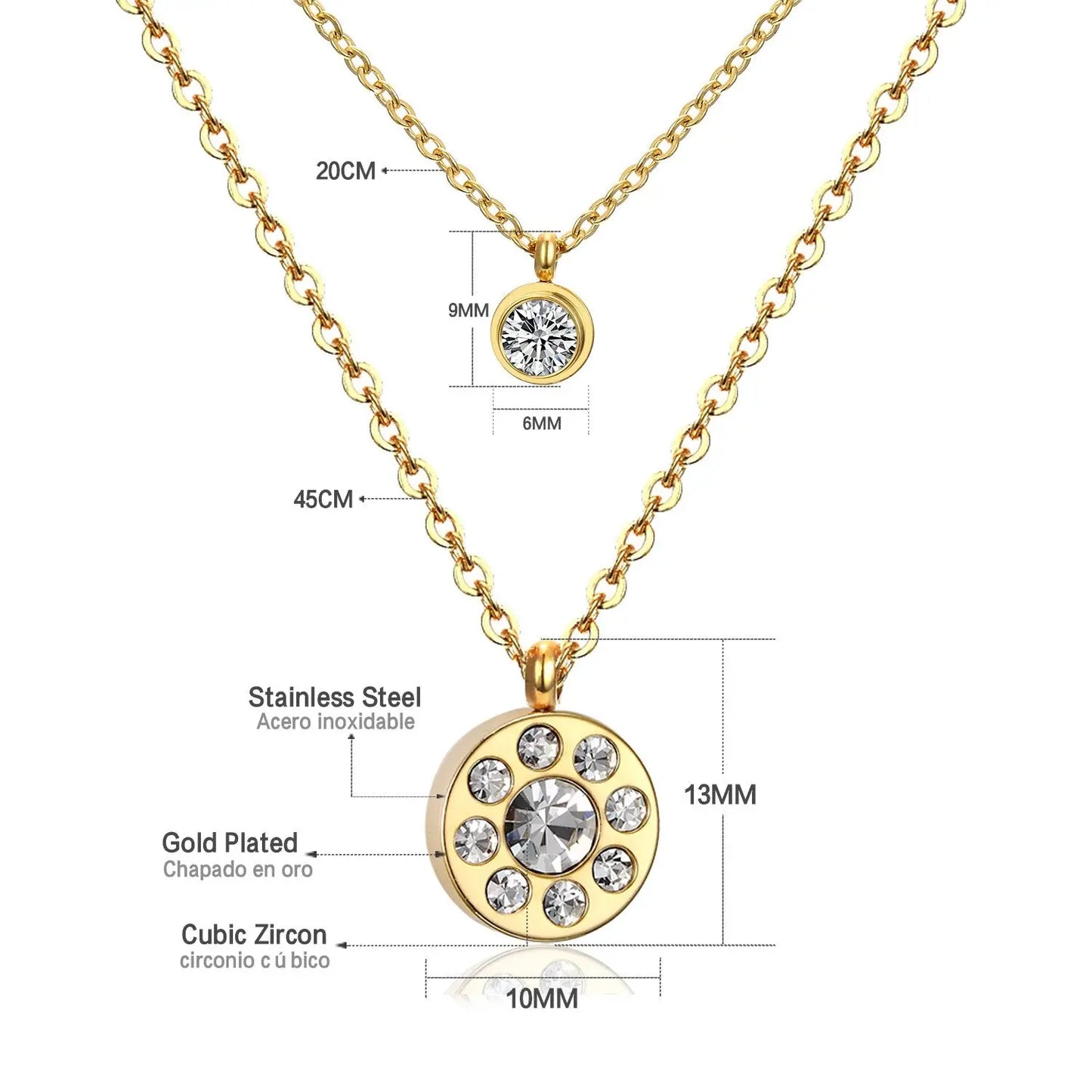 Double Layer Chain Pendants Necklaces For Women Girls Gold Color Silver Tone Stainless Steel CZ Crystal Round Choker asonjewelry
