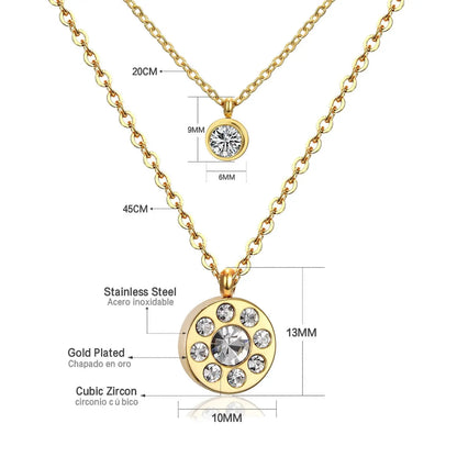 Double Layer Chain Pendants Necklaces For Women Girls Gold Color Silver Tone Stainless Steel CZ Crystal Round Choker asonjewelry