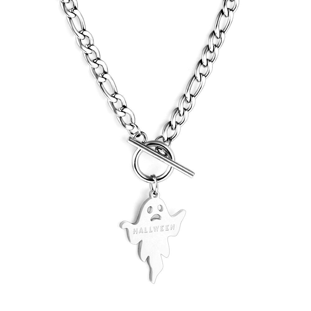 ASON Trendy Halloween Ghost Link Chain With OT Clasp Pendant Necklace Gold Color Stainless Steel For Women Men Jewelry Boho asonjewelry