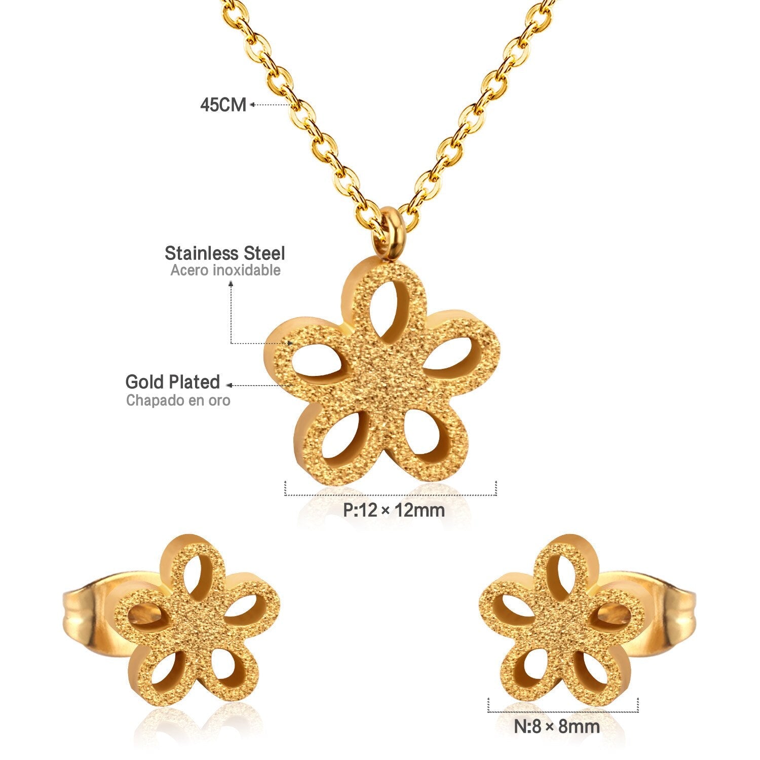ASON Frosted Flower Chain Pendant Necklace Piercing Earrings Gold Color Stainless Steel for Women Jewelry Sets Fashion asonjewelry
