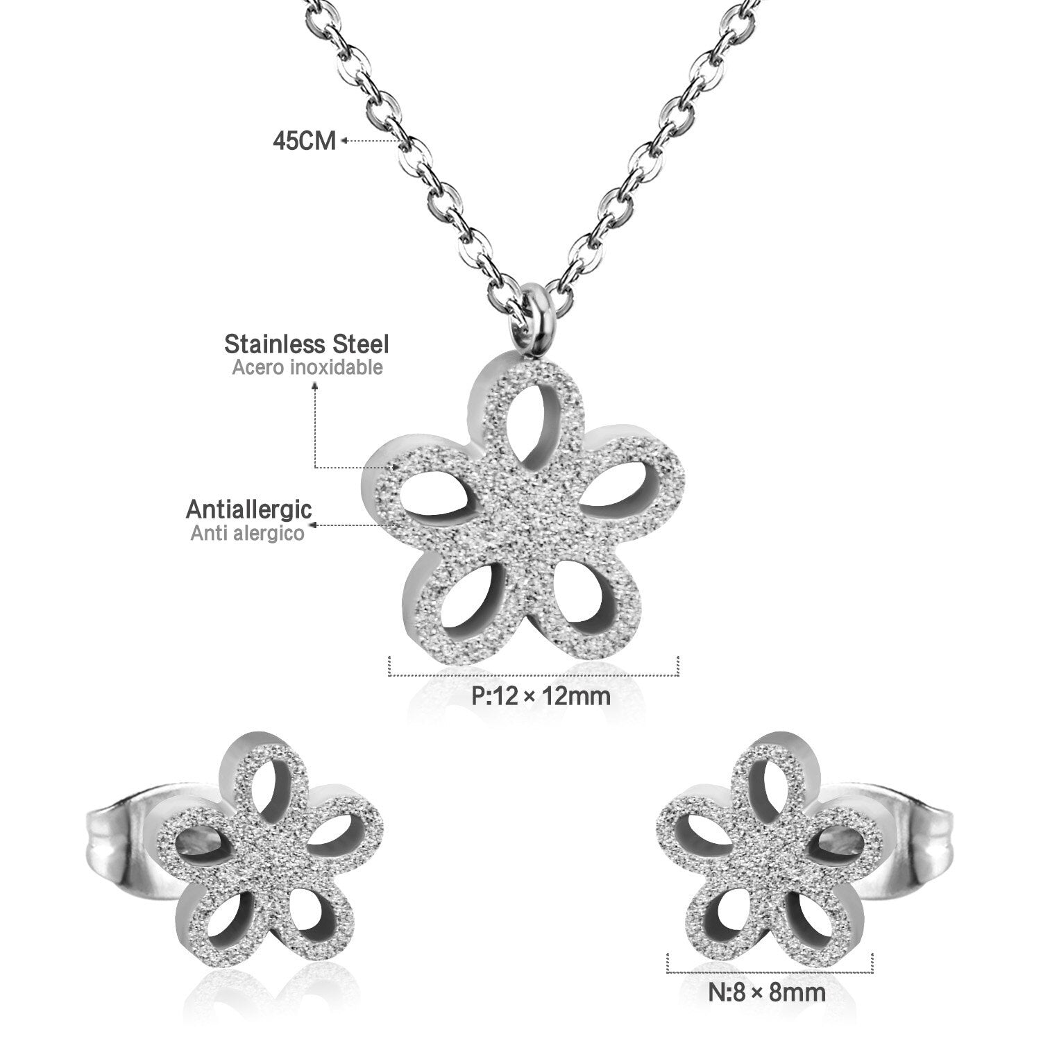 ASON Frosted Flower Chain Pendant Necklace Piercing Earrings Gold Color Stainless Steel for Women Jewelry Sets Fashion asonjewelry