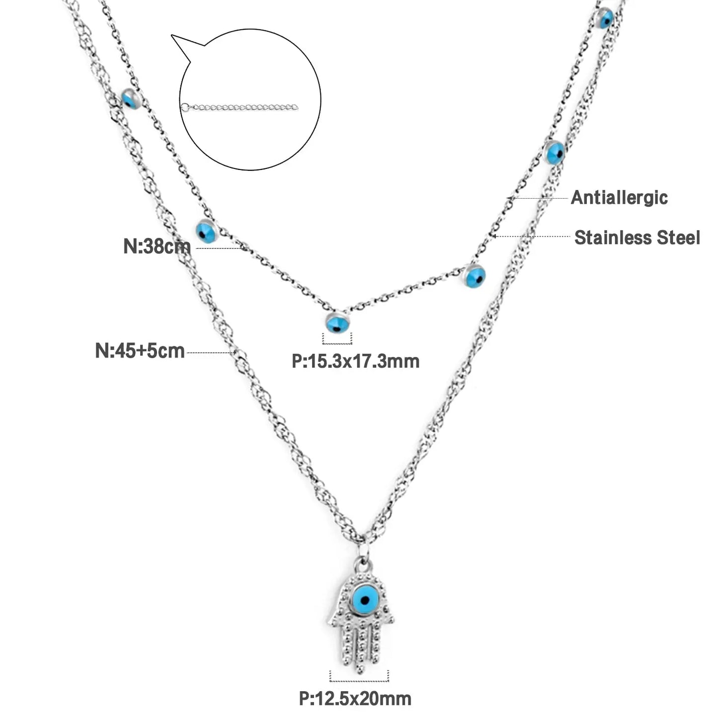 New Hamsa Hand Pendant Necklace For Women Girls Stainless Steel Blue Evil Eyes Double Layer Chain Turkish Luck Jewelry asonjewelry