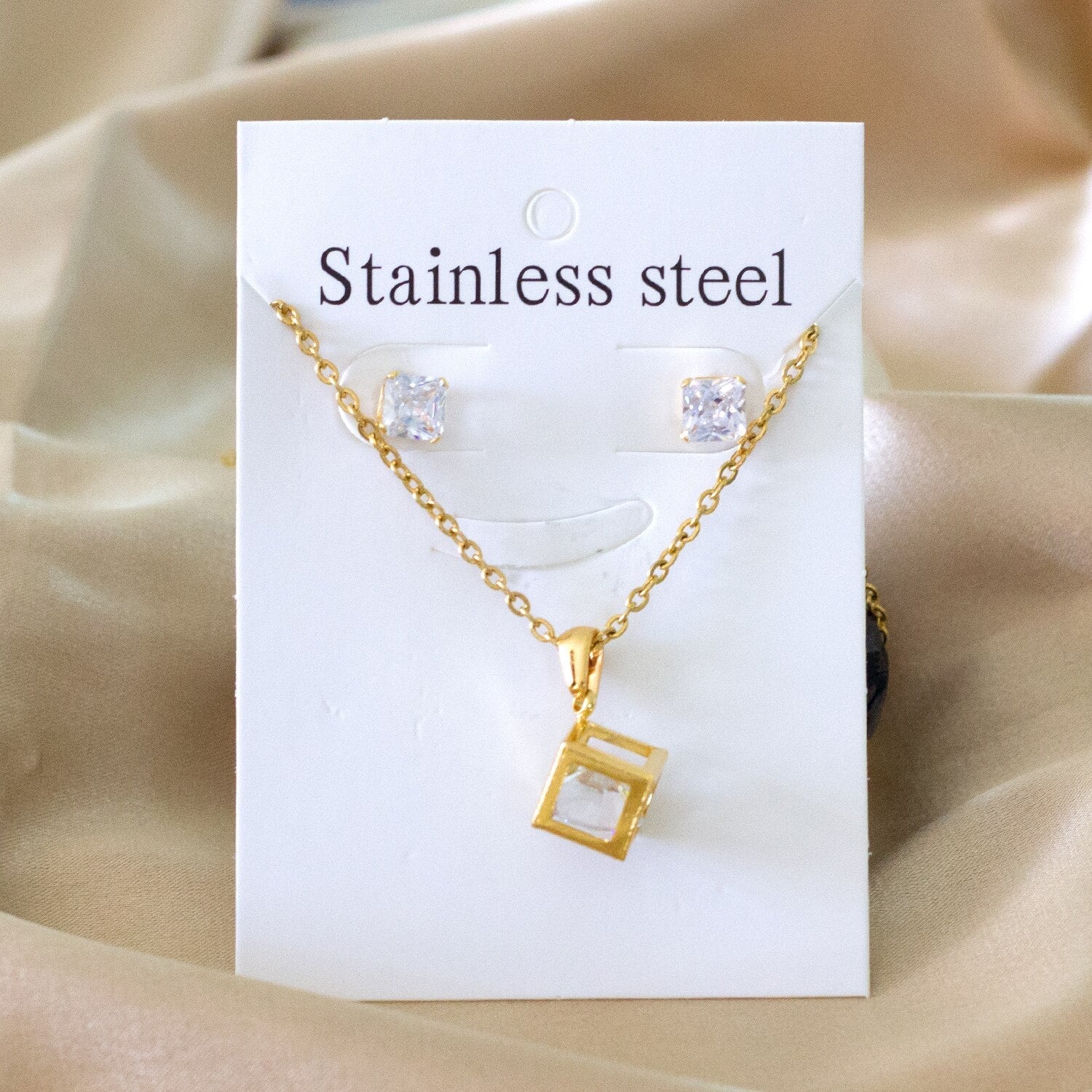 ASON 316L Stainless Steel Gold Bridal Wedding African Jewelry Set for Women 2019 Square Necklace Pendant Small Stud Earring asonjewelry