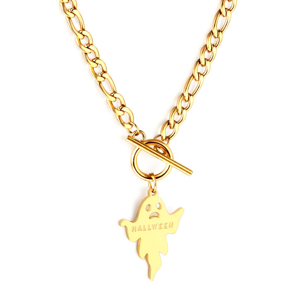 ASON Trendy Halloween Ghost Link Chain With OT Clasp Pendant Necklace Gold Color Stainless Steel For Women Men Jewelry Boho asonjewelry