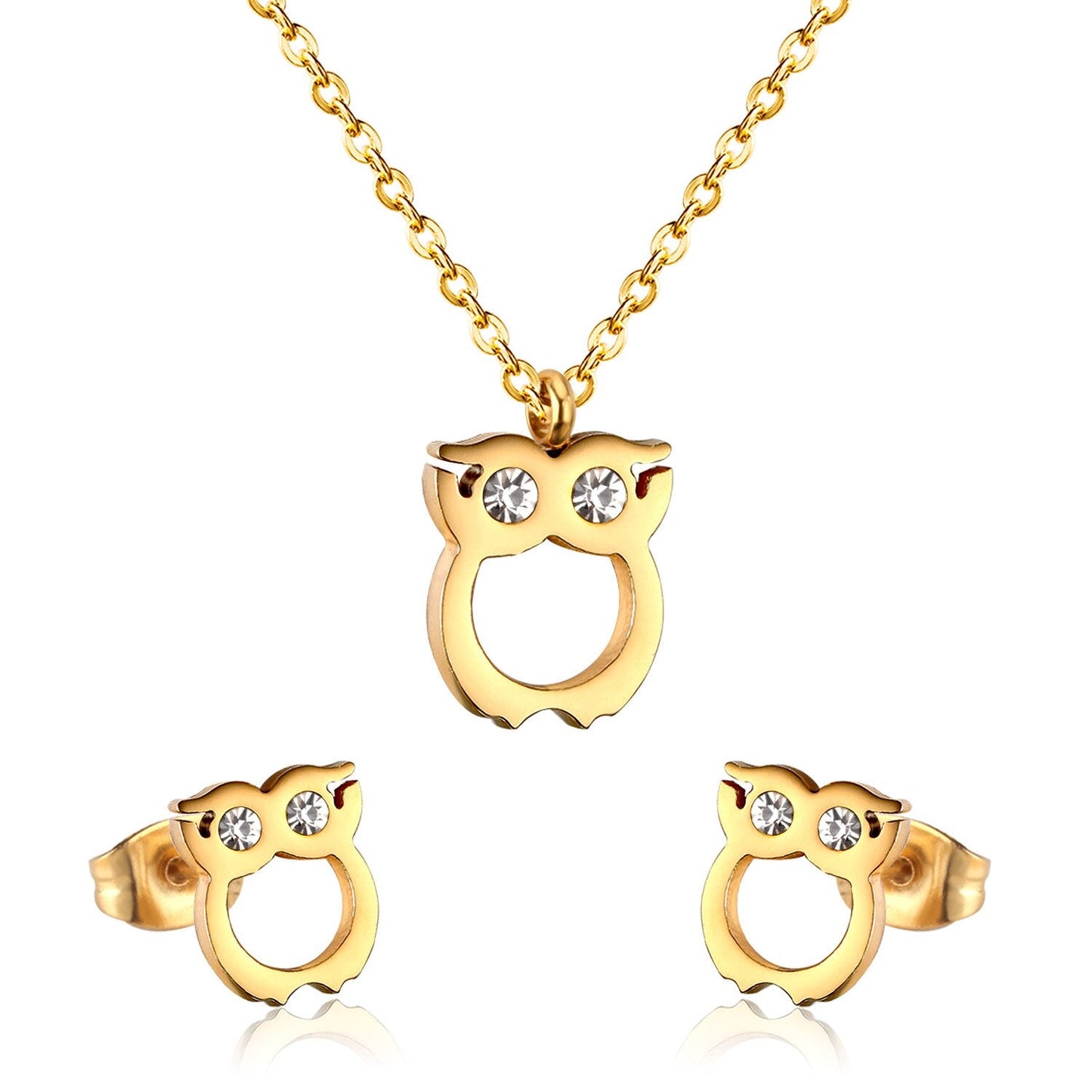 ASON Cute Owl Pendant Necklace Piercing Stud Earrings Jewelry Sets Stainless Steel Gold Color For Women Wholesale Fashion asonjewelry