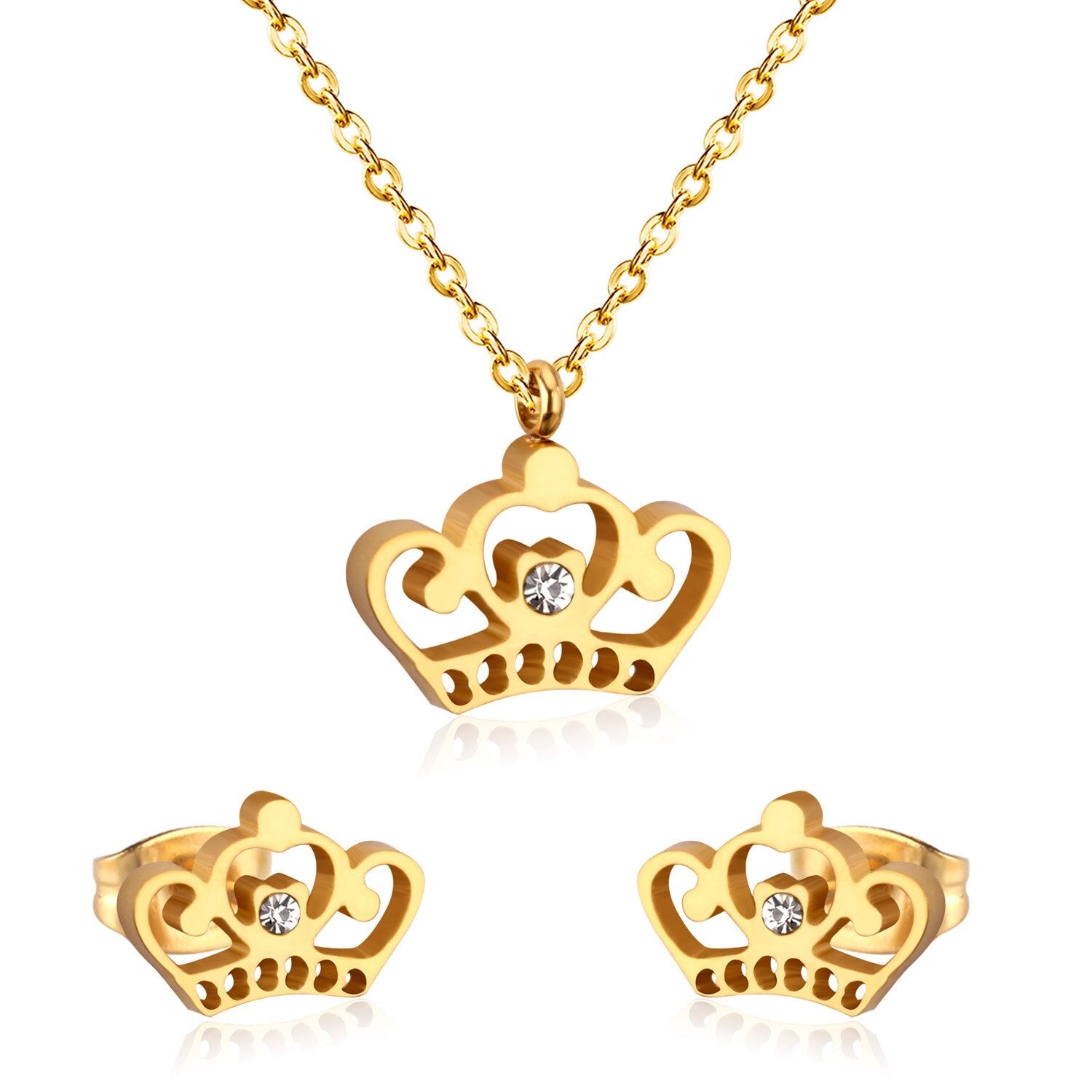 ASON Simple Style Crown Shape Frosted Gold Color Necklace Earrings Stainless Steel for Women Fashion Jewelry Sets Party asonjewelry