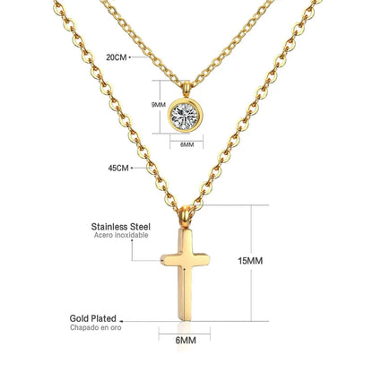 Double Layer Chain Pendants Necklaces For Women Girls Gold Color Silver Tone Stainless Steel CZ Crystal Round Choker asonjewelry