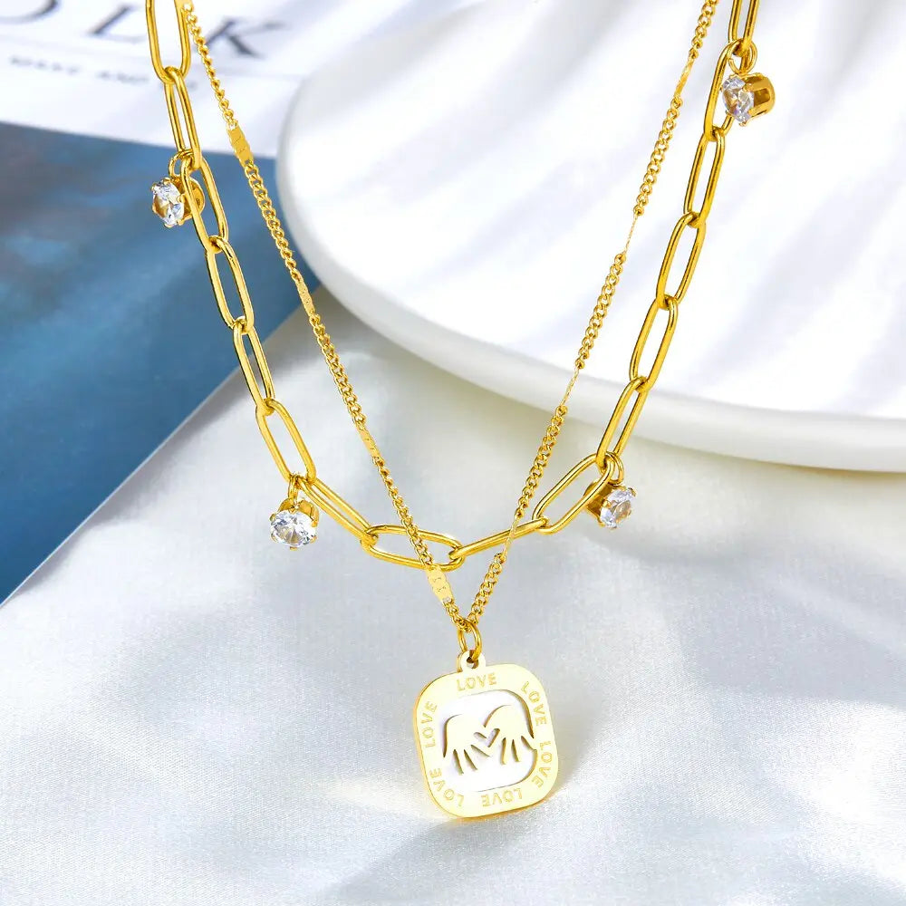 Stainless Steel Heart Imitation Pearl Pendant Necklace Collars Trendy Gold Color Double Chains Necklace Wedding asonjewelry
