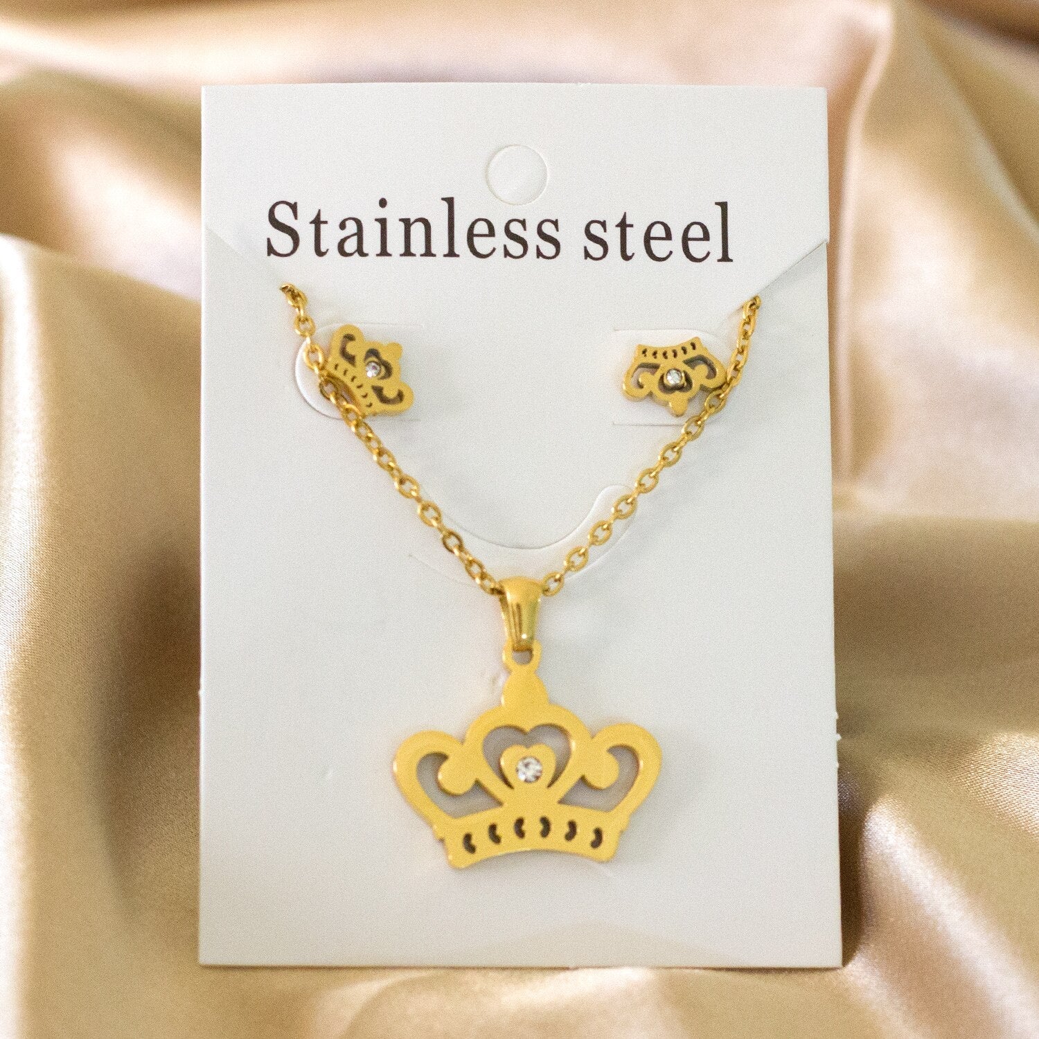 ASON Crown Pendant Necklace Charm Small Piercing Stud Earrings Jewelry Sets Gold Color Stainless Steel For Women asonjewelry