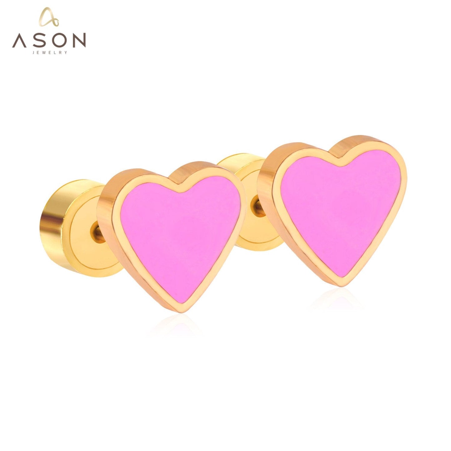 ASON Red/Pink Heart Screw Stud Earring Gold Color Stainless Steel for Women/Girl/Child Ear Piercing Jewelry Christmas Party asonjewelry
