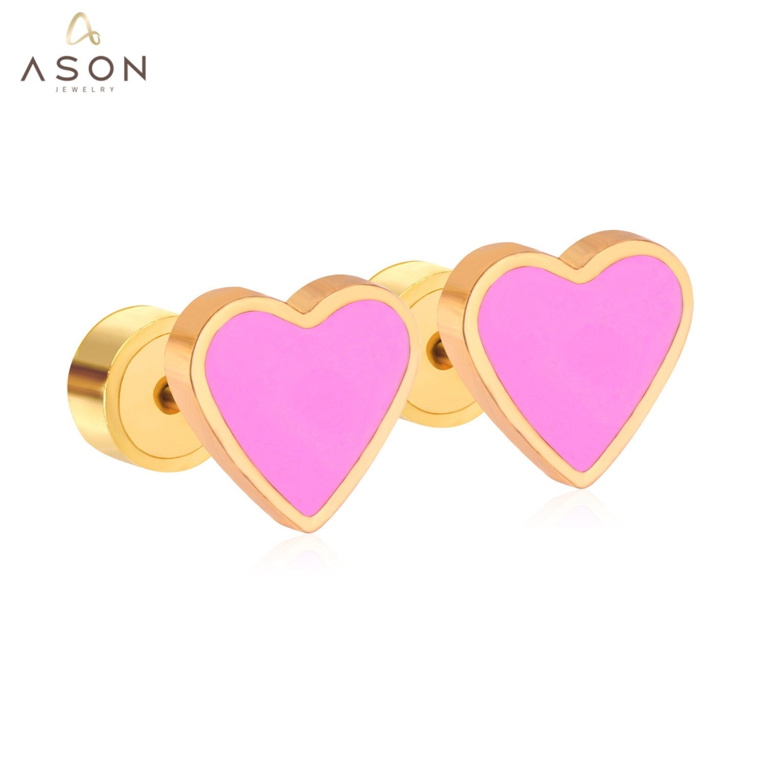 ASON Red/Pink Heart Screw Stud Earring Gold Color Stainless Steel for Women/Girl/Child Ear Piercing Jewelry Christmas Party asonjewelry