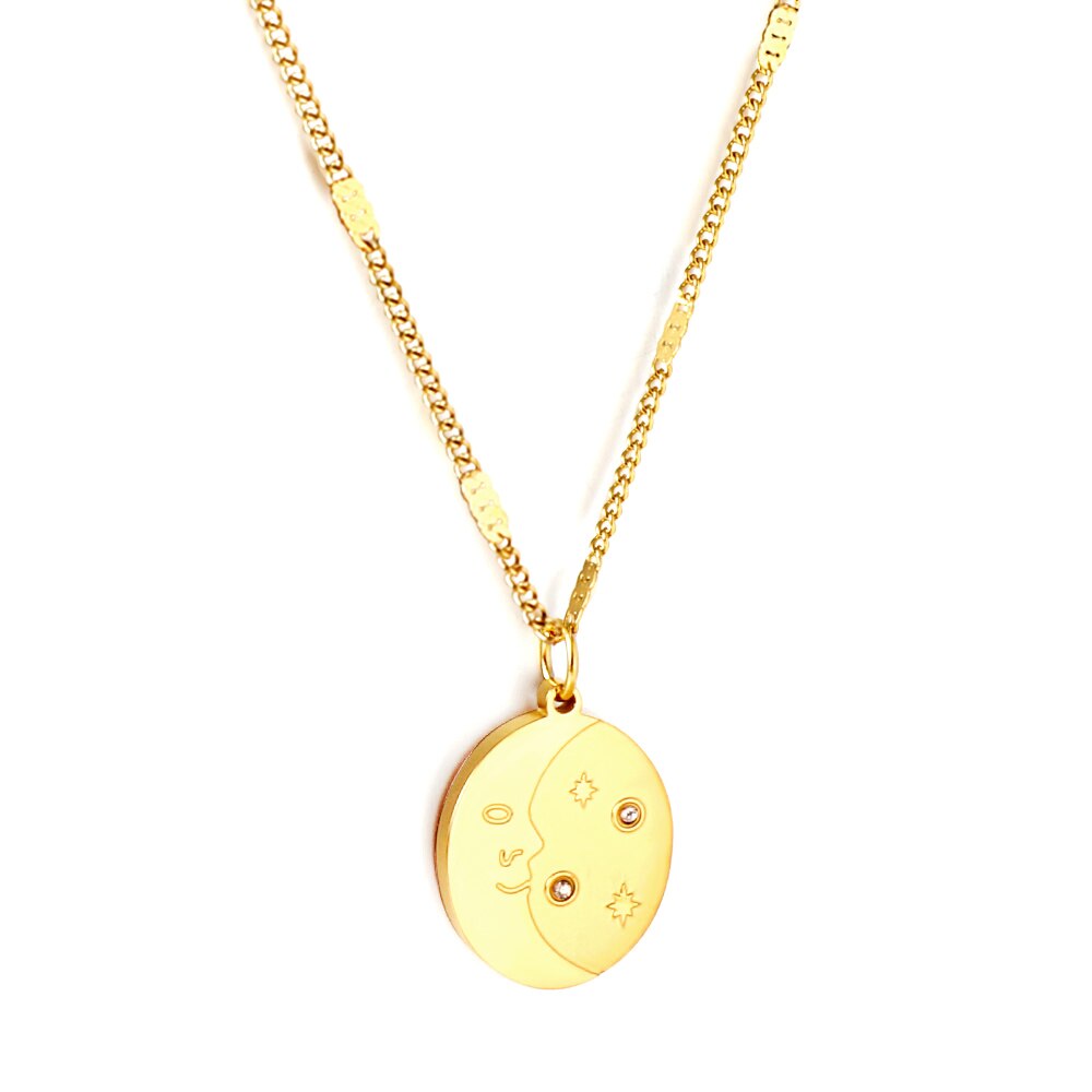 ASON Classic Round Tag Stars Moon Pattern Charm Pendant Necklace Gold Color Stainless Steel For Women Men Jewelry Chokers asonjewelry