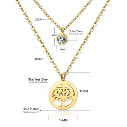 Double Layer Chain Pendants Necklaces For Women Girls Gold Color Silver Tone Stainless Steel CZ Crystal Round Choker asonjewelry