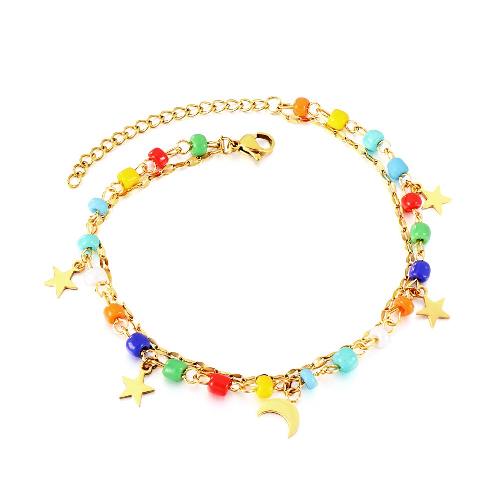 ASON Trendy Mixed Color Beads Moon And Star Accessories Multi-layer Chains Anklet Gold Color Stainless Steel For Women Gift asonjewelry