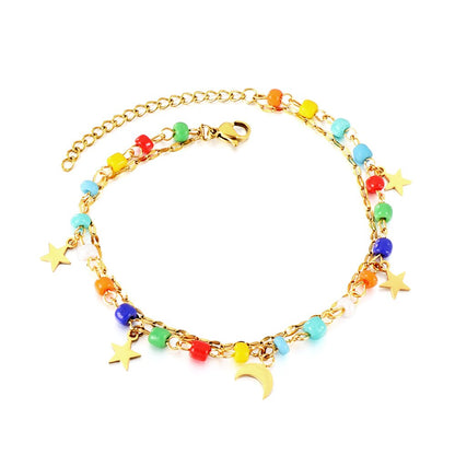 ASON Trendy Mixed Color Beads Moon And Star Accessories Multi-layer Chains Anklet Gold Color Stainless Steel For Women Gift asonjewelry