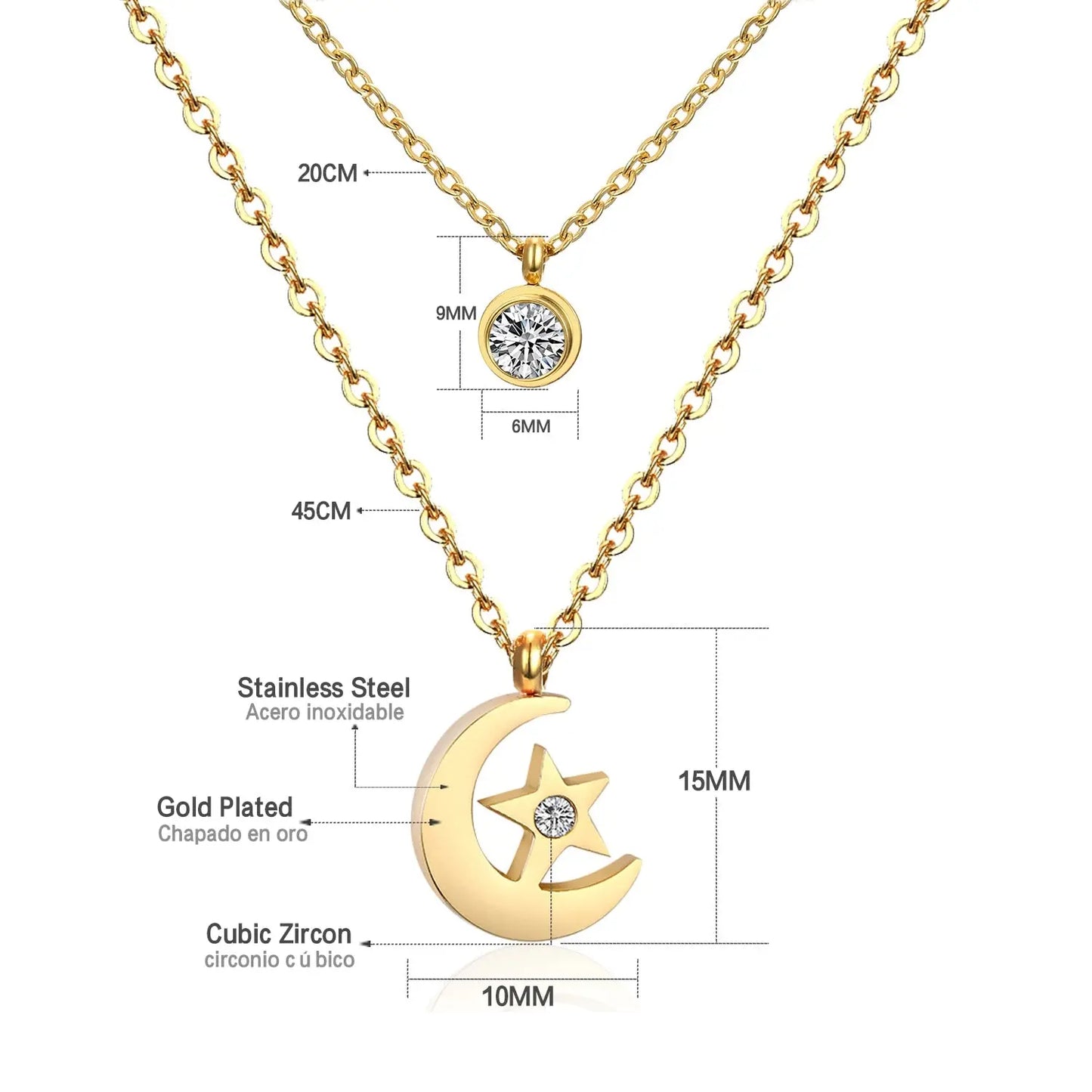 Double Layer Chain Pendants Necklaces For Women Girls Gold Color Silver Tone Stainless Steel CZ Crystal Round Choker asonjewelry