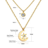 Double Layer Chain Pendants Necklaces For Women Girls Gold Color Silver Tone Stainless Steel CZ Crystal Round Choker