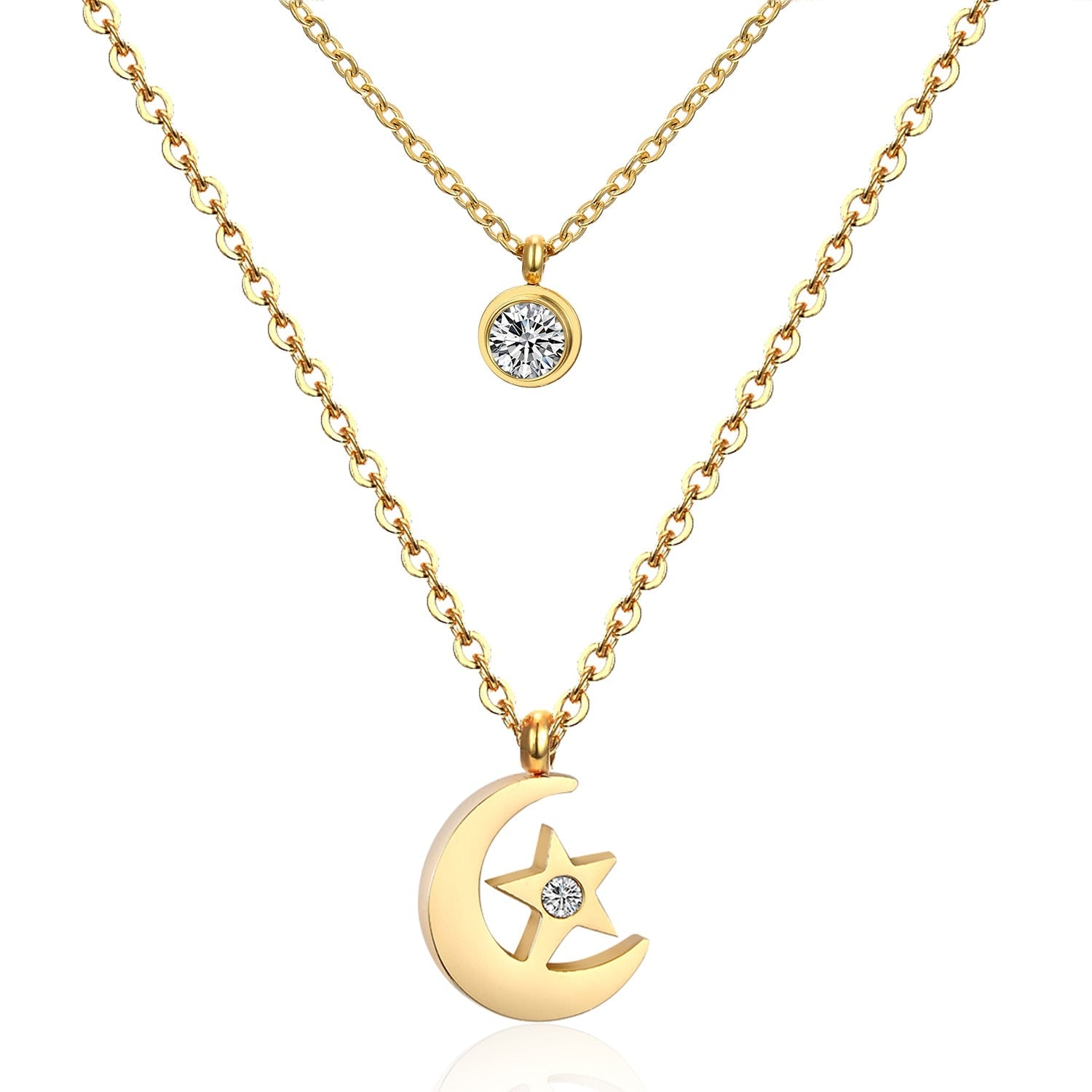 ASON Moon Star Pendant Necklaces Stainless Steel Gold Color Double Chain Necklace Statement Jewelry Wholesale Party Gift asonjewelry