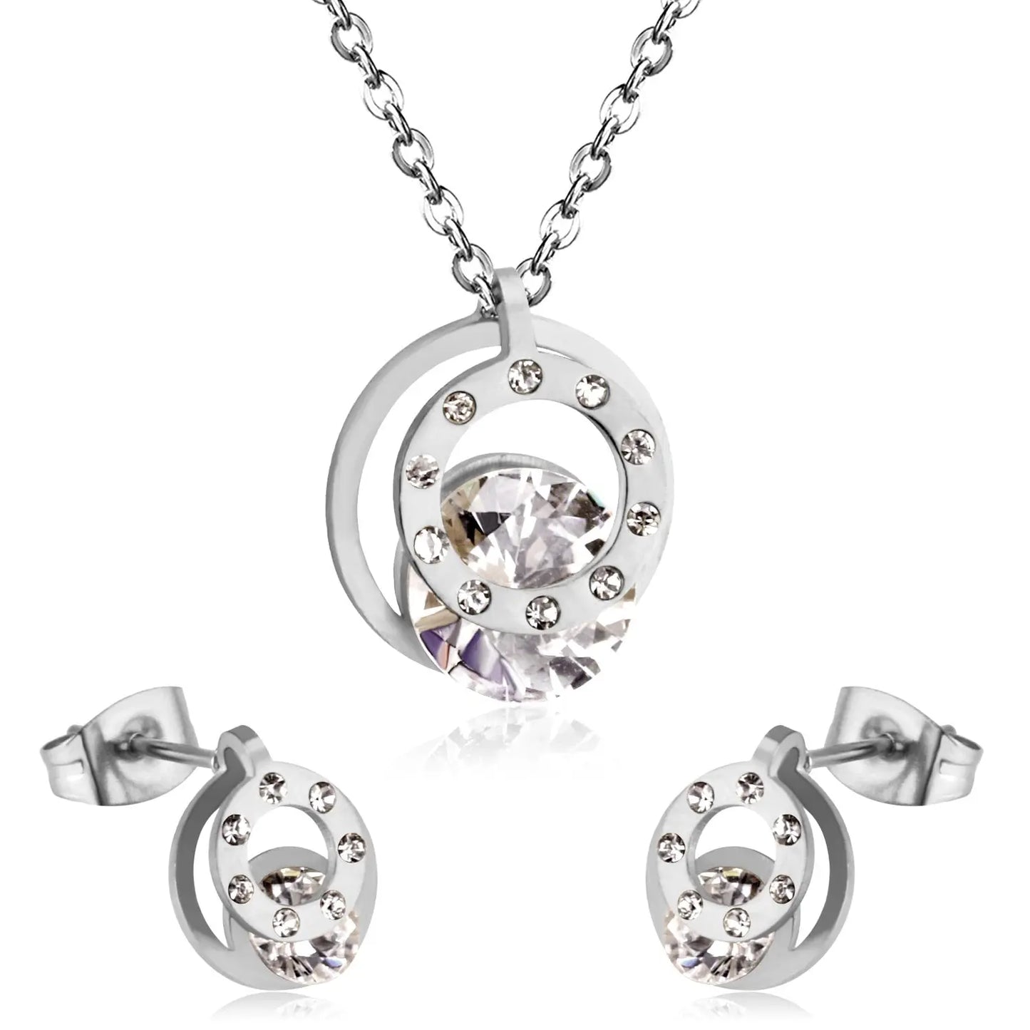 Cubic Zirconia Round Double Necklace Earrings Jewelry Sets For Women Girl bijoux Stainless Steel Wholesale Wedding asonjewelry