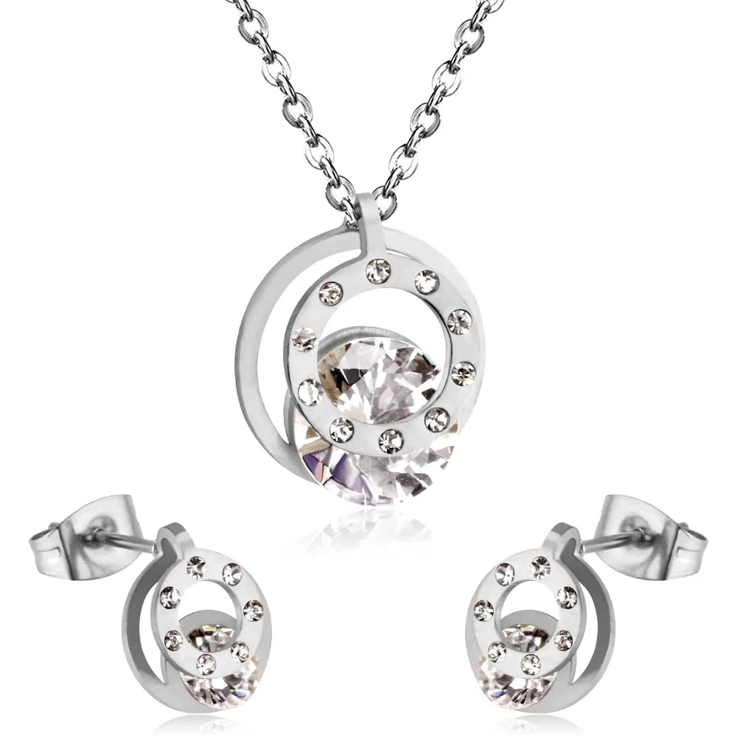 Cubic Zirconia Round Double Necklace Earrings Jewelry Sets For Women Girl bijoux Stainless Steel Wholesale Wedding asonjewelry