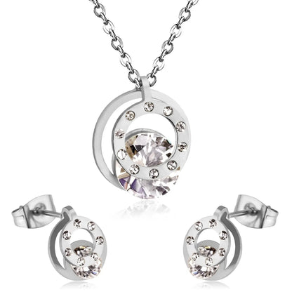 Cubic Zirconia Round Double Necklace Earrings Jewelry Sets For Women Girl bijoux Stainless Steel Wholesale Wedding asonjewelry