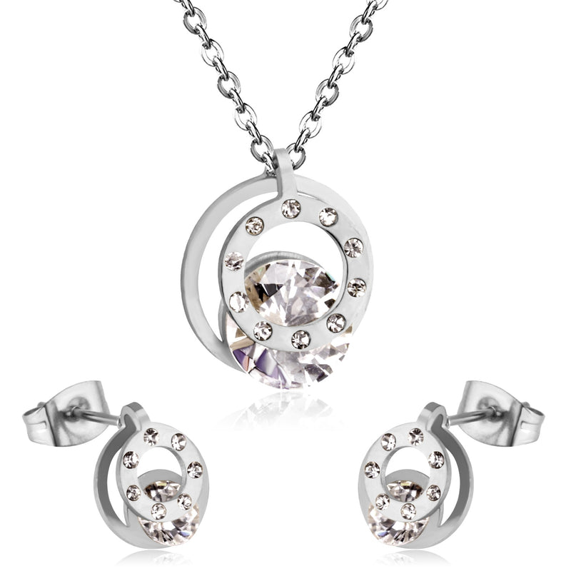 Cubic Zirconia Round Double Necklace Earrings Jewelry Sets For Women Girl bijoux Stainless Steel Wholesale Wedding