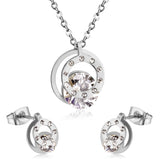Cubic Zirconia Round Double Necklace Earrings Jewelry Sets For Women Girl bijoux Stainless Steel Wholesale Wedding