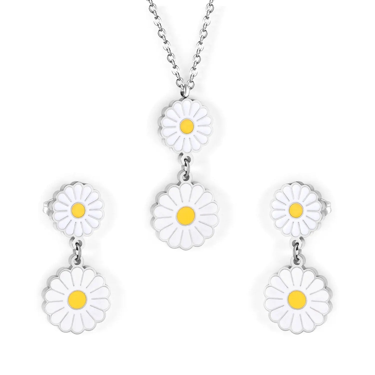 Romantic Stlye Cubic Zirconia Dripping Oil Flower Necklace Earrings Set Bijoux White Color For Women Pendants Collars asonjewelry