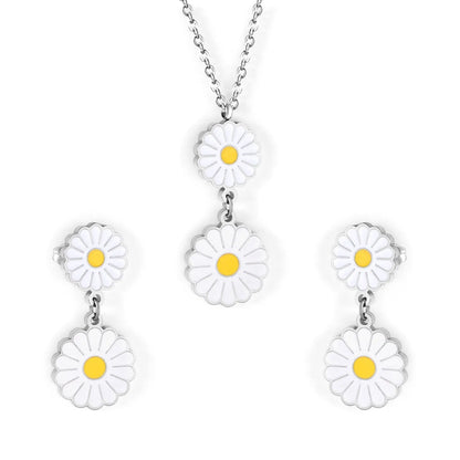 Romantic Stlye Cubic Zirconia Dripping Oil Flower Necklace Earrings Set Bijoux White Color For Women Pendants Collars asonjewelry