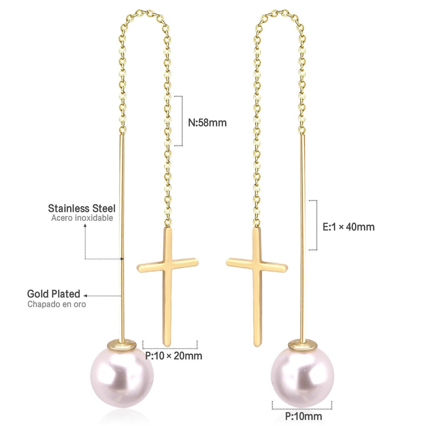 ASON Long Line Link Chain Imitation Pearl Dangle Earrings for Women Gold Color Cross Earrings Female Bijoux Pendientes asonjewelry