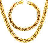 ASON 7mm Link Chians Jewelry Set Gold Color Stainless Steel Cuban Chain Necklace Bracelet Bangle Set For Women Men Fashion