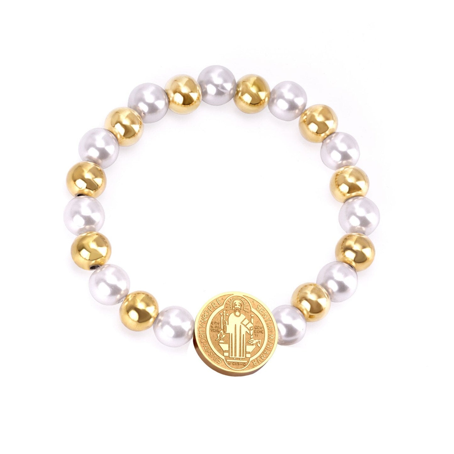 ASON Pulseras Ball Beaded Bracelets With Imitation Pearl Gold Color Stainless Steel Round Jesu Pendants Women Bangle asonjewelry