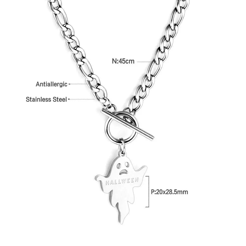 Stainless Steel Necklaces Couple Ghost Pendant Figaro Chain Halloween Punk Jewelry Gifts for Women Men 2022 New asonjewelry