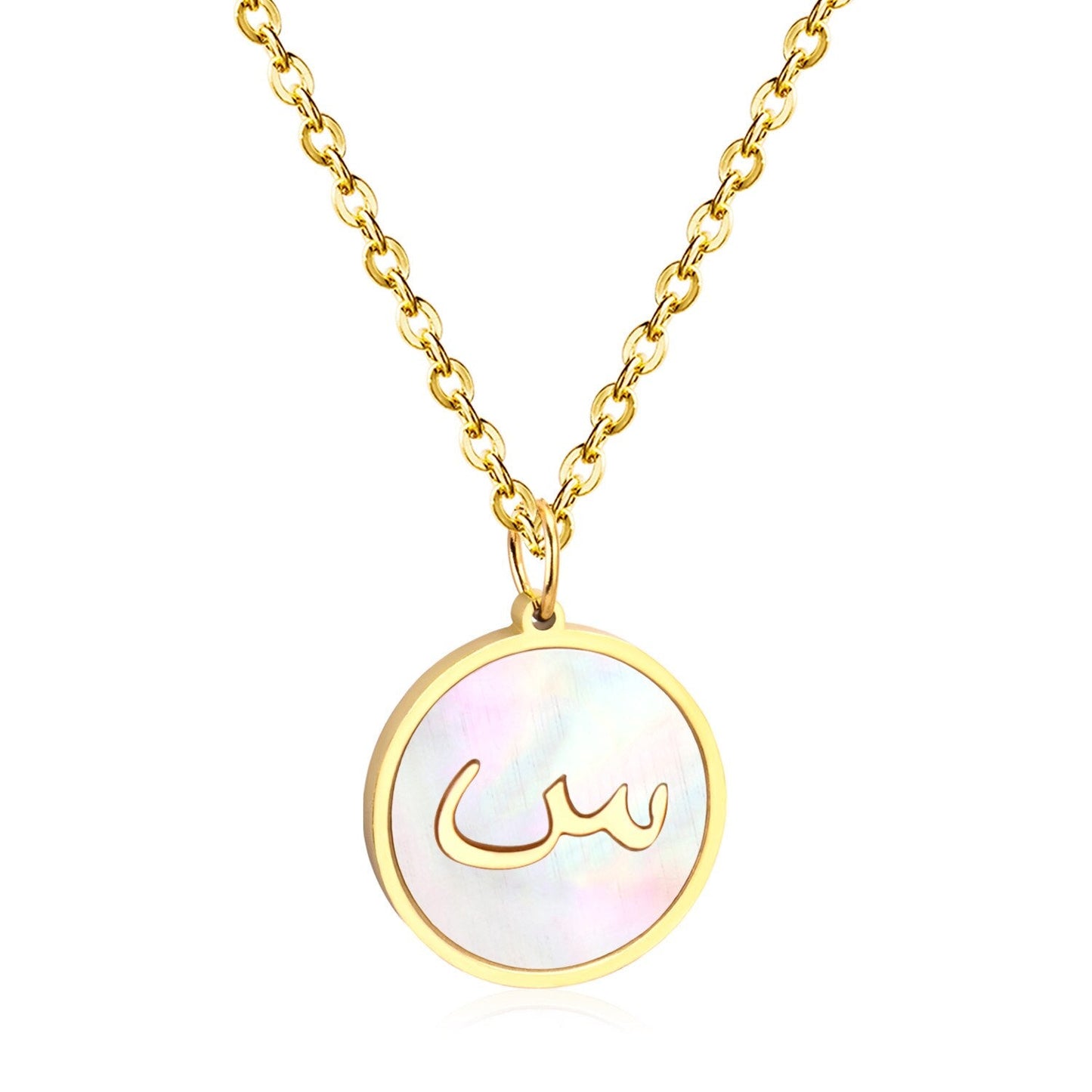 ASON White Shell Gold Color Initial Letter Fashion Pendant Necklace Stainless Steel Alphabet Link Chain for Gift asonjewelry