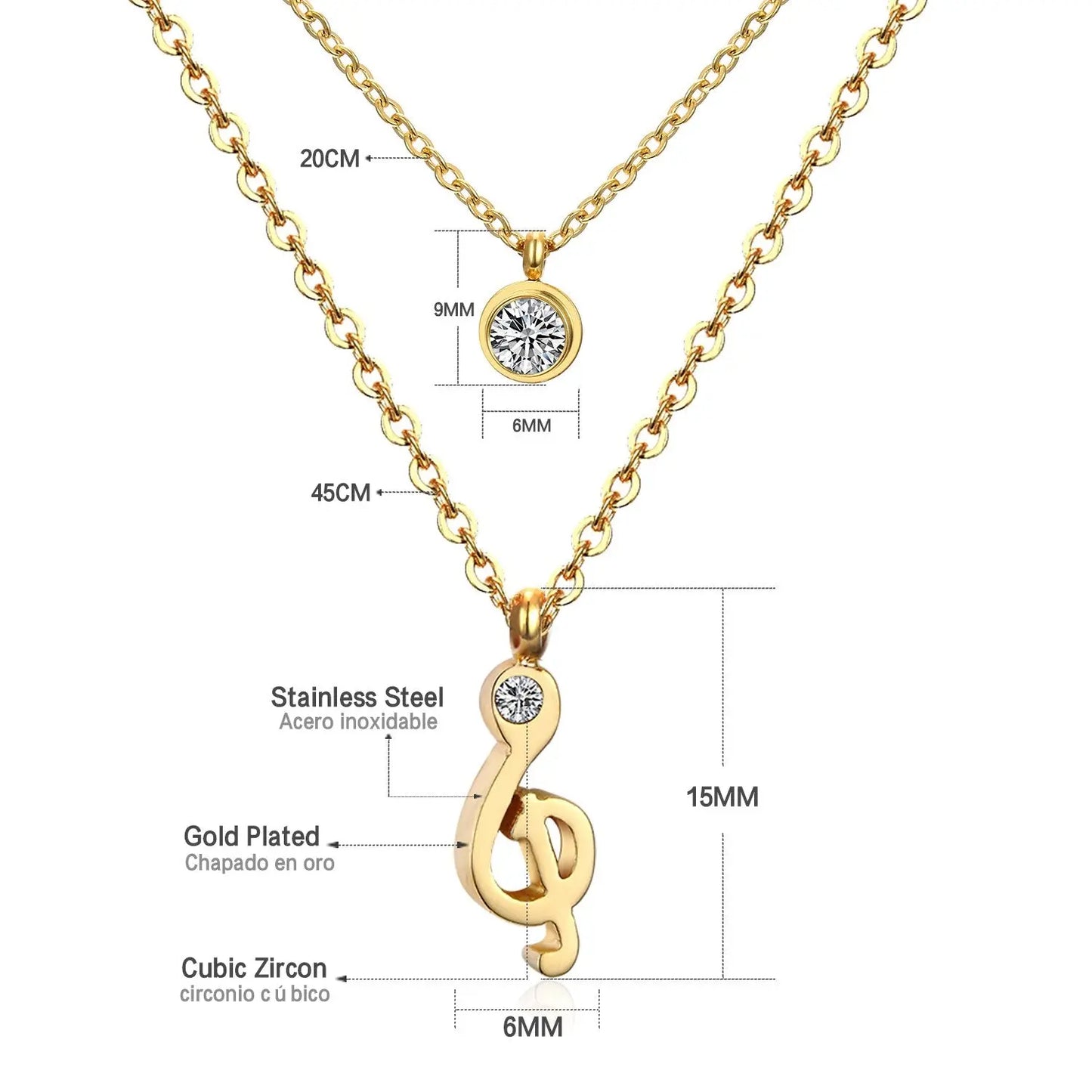 Double Layer Chain Pendants Necklaces For Women Girls Gold Color Silver Tone Stainless Steel CZ Crystal Round Choker asonjewelry