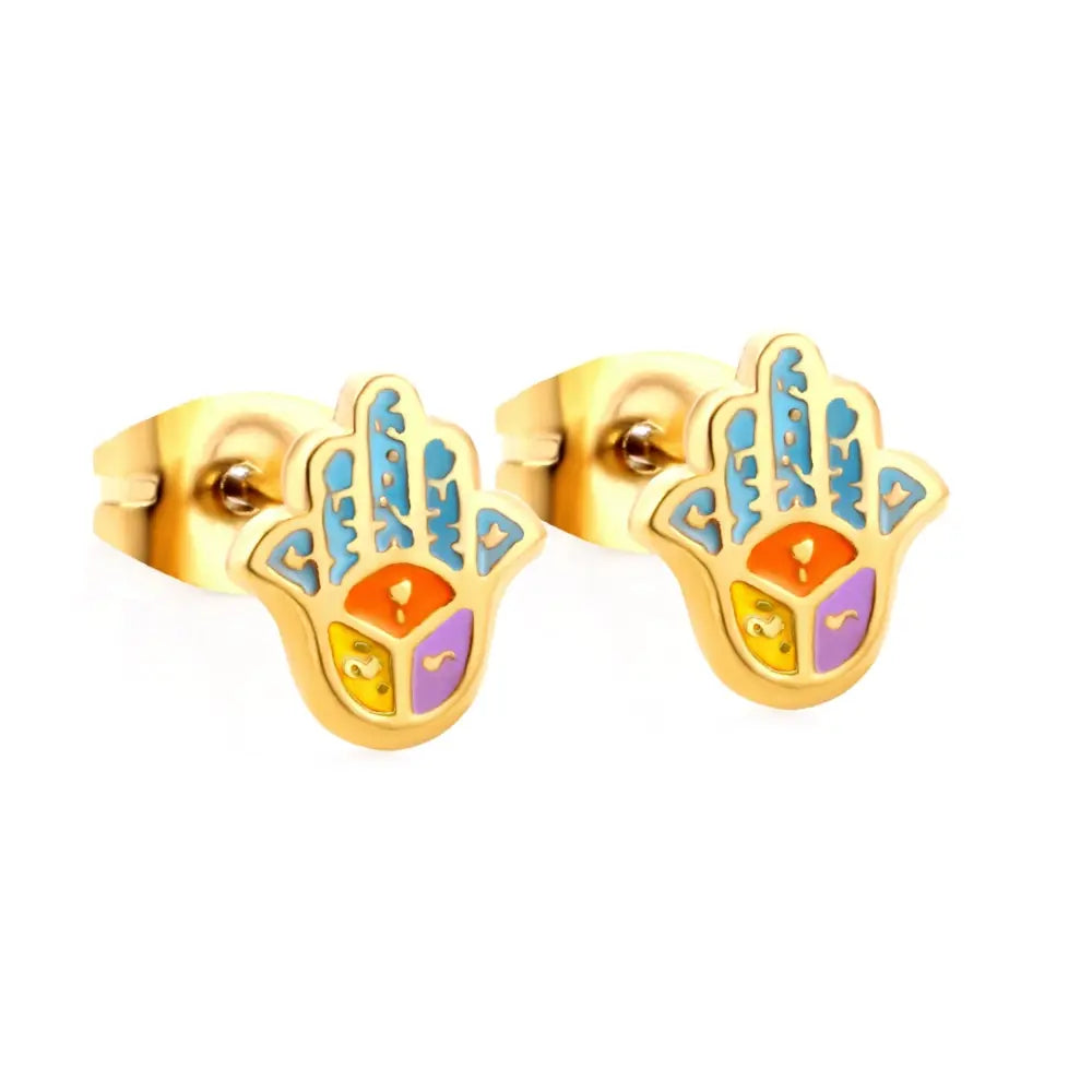 Hamsa Hand Studs Child Surgical Earrings Wing Heart Pink Charms Piercing Gold Plated Cute brincos Girls Woman Gifts asonjewelry