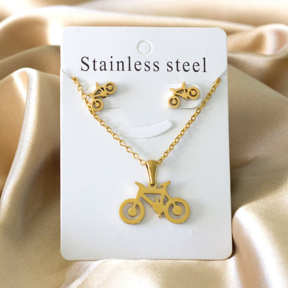 ASON Gold Color Jewelry Sets 316L Stainless Steel for Women Men Bike Shape Pendant Necklace Small Stud Earrings for Femme asonjewelry