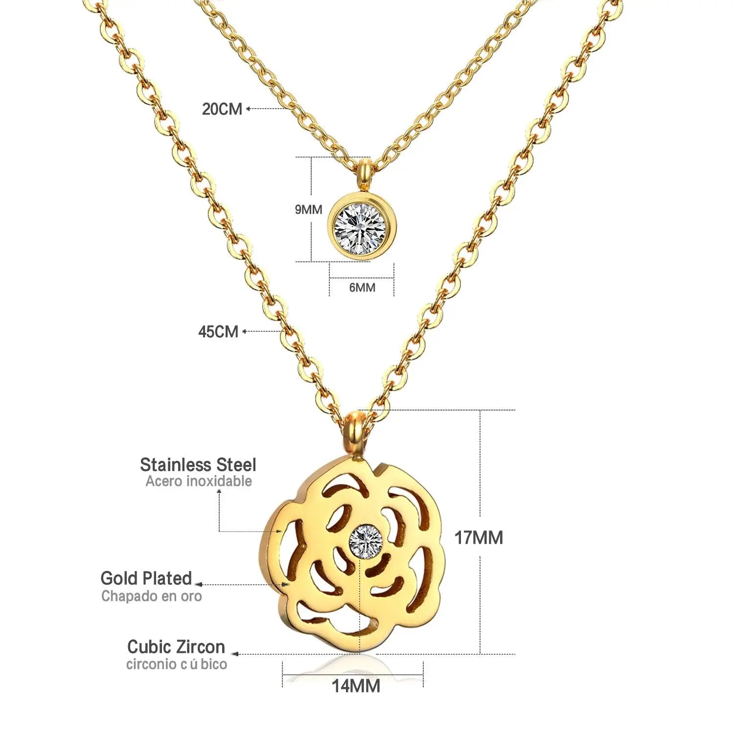 Double Layer Chain Pendants Necklaces For Women Girls Gold Color Silver Tone Stainless Steel CZ Crystal Round Choker asonjewelry