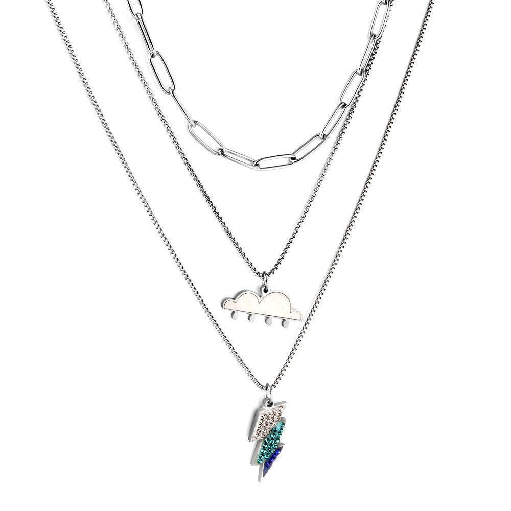 ASON Vintage Lightning And Could Charm Multi-layer Chain Pendant Necklace Gold Color Stainless Steel For Women Jewelry Gift asonjewelry