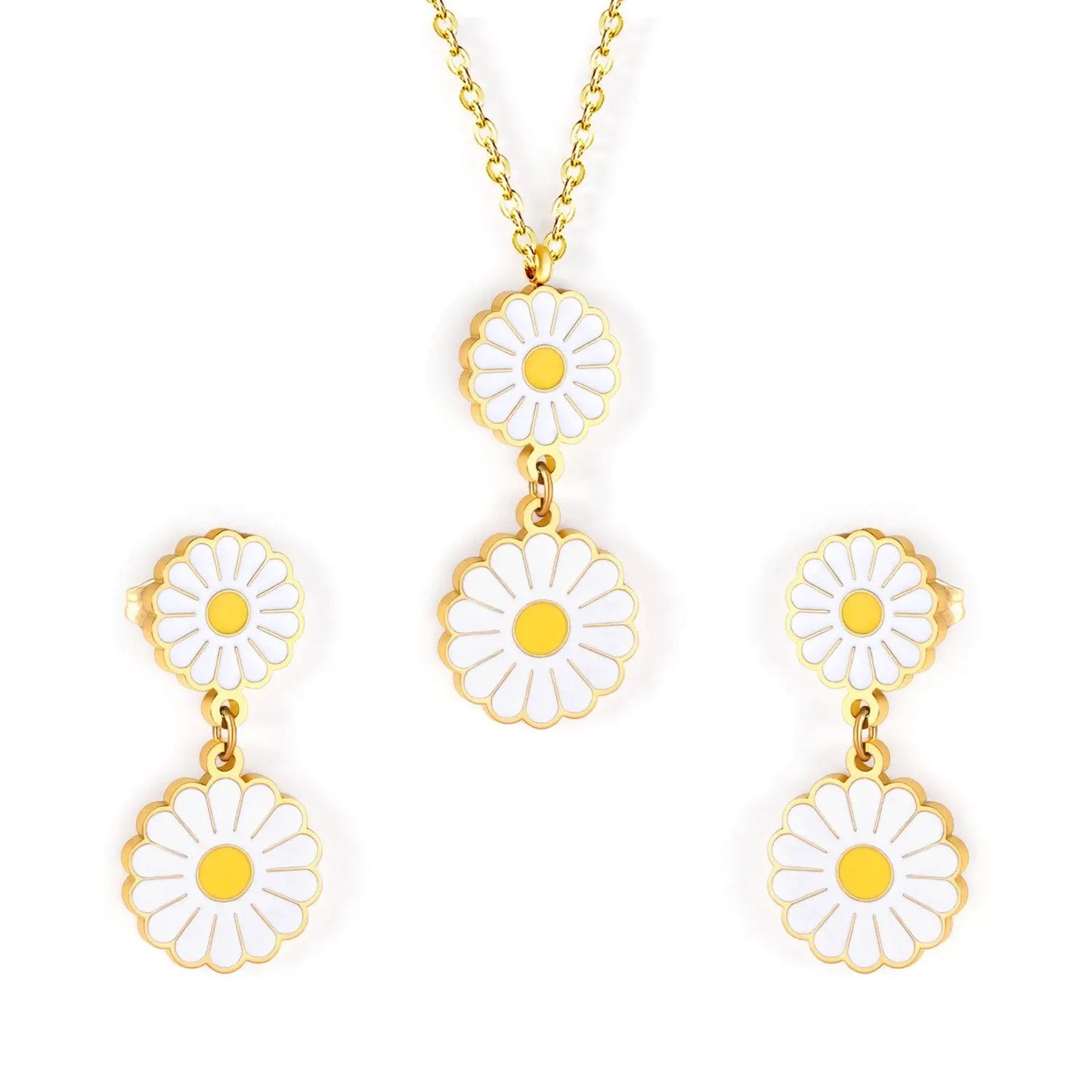 Romantic Stlye Cubic Zirconia Dripping Oil Flower Necklace Earrings Set Bijoux White Color For Women Pendants Collars asonjewelry