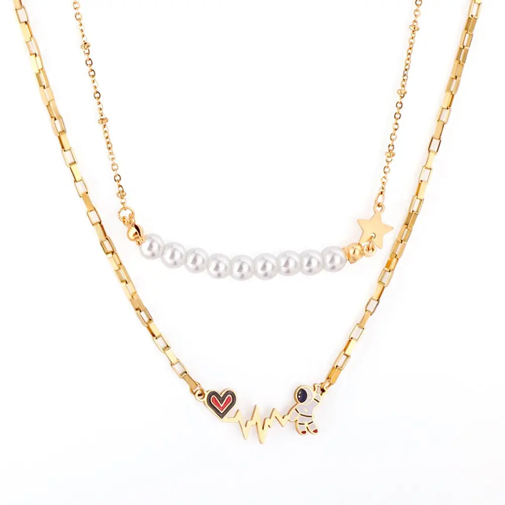 Vintage Necklace Collars Heart Star Astronaut Pendants Layers Jewelry No Fade Box Chains Necklace Female Party asonjewelry