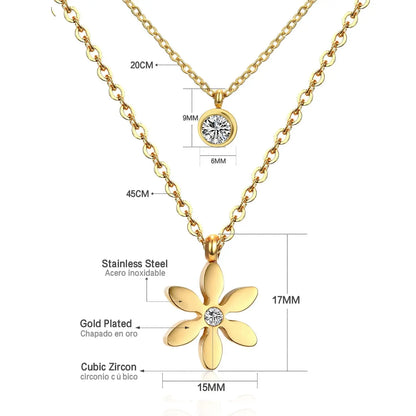 Double Layer Chain Pendants Necklaces For Women Girls Gold Color Silver Tone Stainless Steel CZ Crystal Round Choker asonjewelry