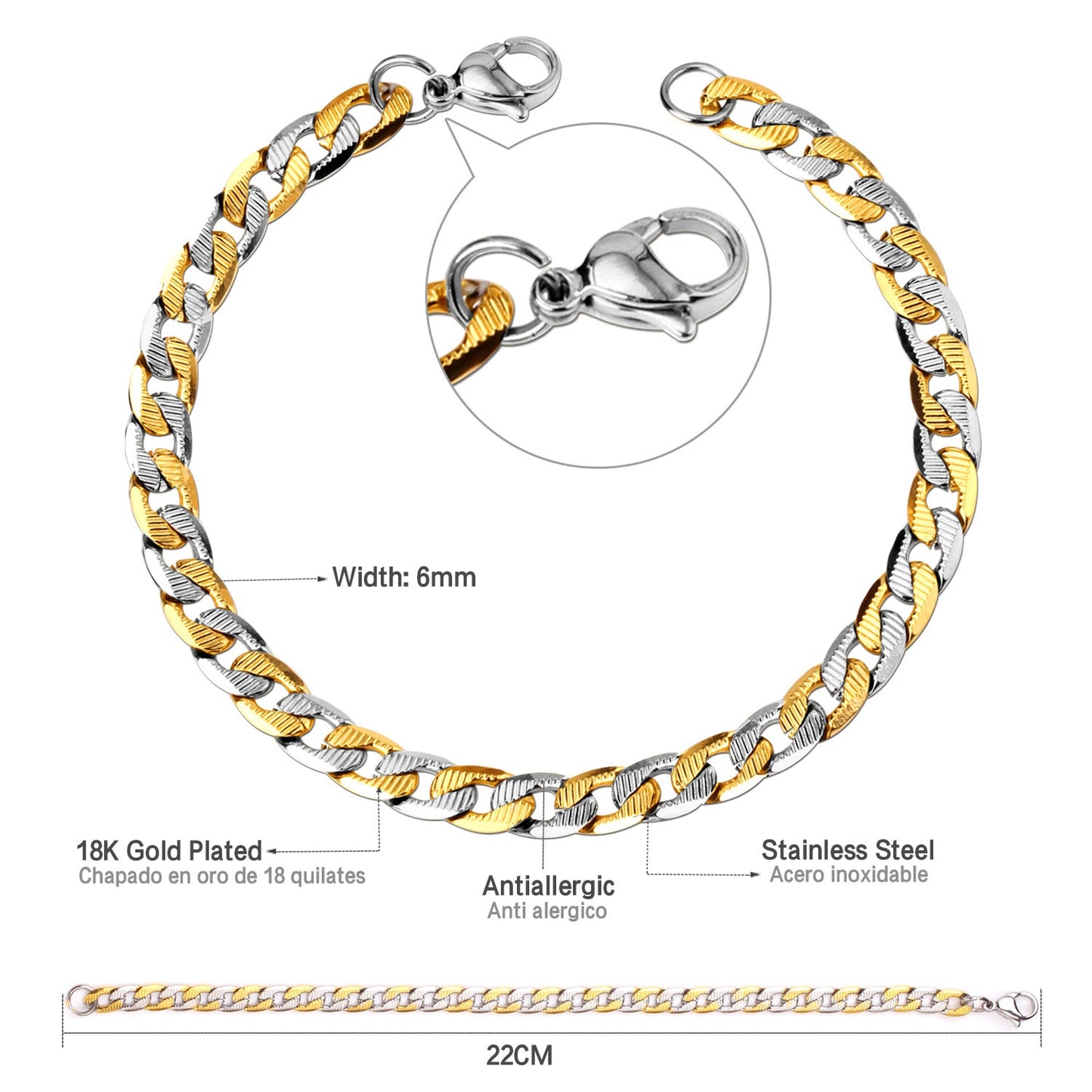 6mm Inner Horizontal Grain Stainless Steel Chain Bracelet For Women asonjewelry