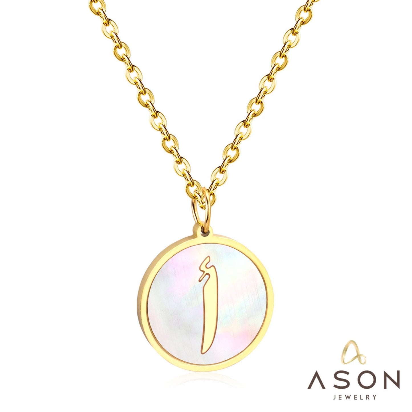 ASON White Shell Gold Color Initial Letter Fashion Pendant Necklace Stainless Steel Alphabet Link Chain for Gift asonjewelry