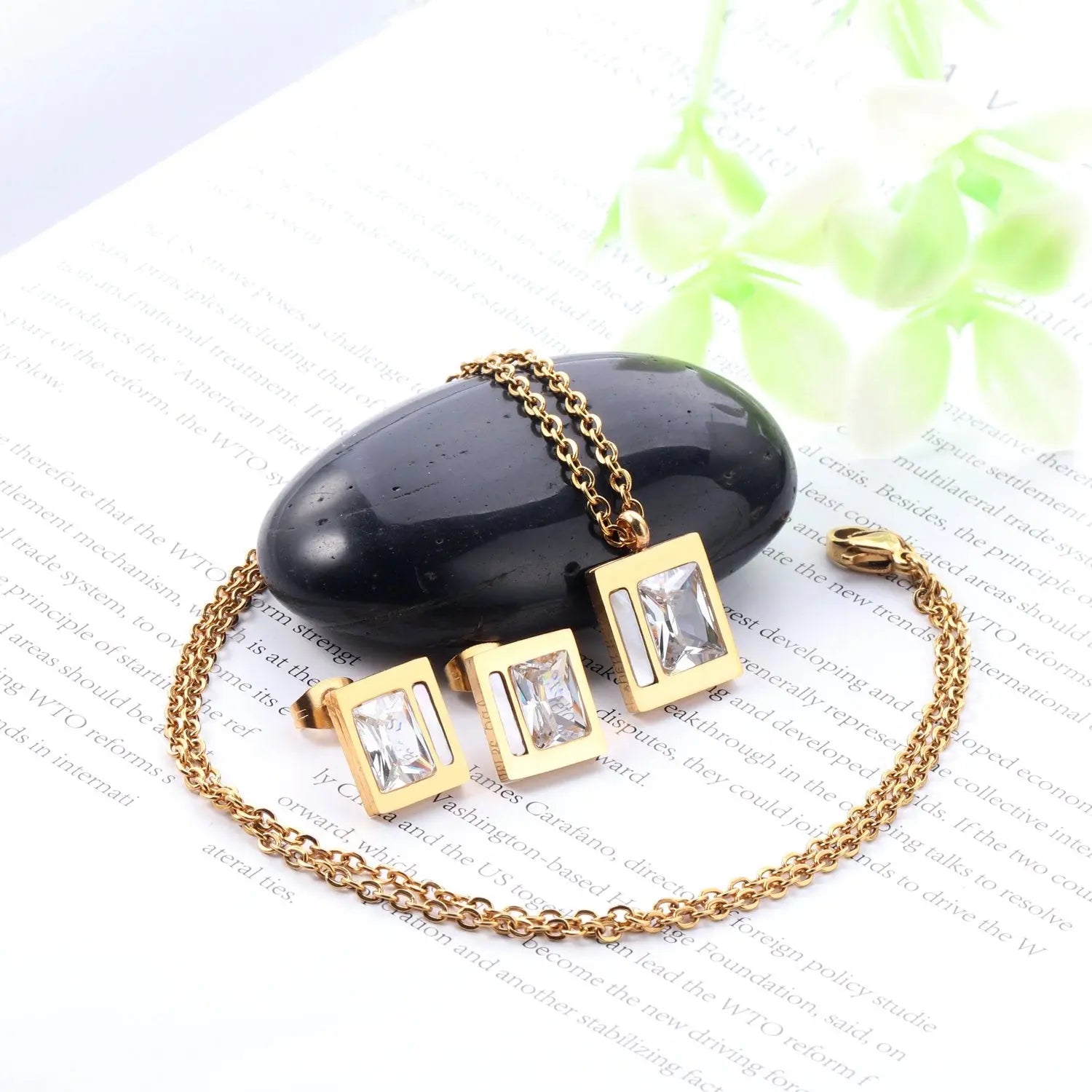 Stainless Steel Wedding Square Shell Chain Necklace Stud Earrings Bridal Jewelry Set Gold Jewellery Sets For Women asonjewelry