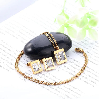 Stainless Steel Wedding Square Shell Chain Necklace Stud Earrings Bridal Jewelry Set Gold Jewellery Sets For Women asonjewelry