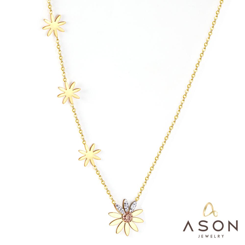 ASON Cute Flower Daisy Chain Necklace Stainless Steel Gold Color Choker with Cubic Zirconia 40cm with Extender Jewelry asonjewelry