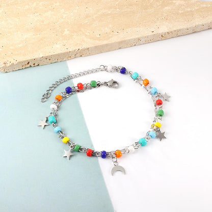 ASON Trendy Mixed Color Beads Moon And Star Accessories Multi-layer Chains Anklet Gold Color Stainless Steel For Women Gift asonjewelry