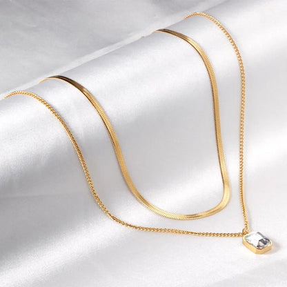 Women Luxury Square AAA Zirconia Double Chain Necklace Flat Snake Chains 18K Gold Plated Classic Decor For Party asonjewelry