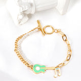ASON Trendy Musical Notes and Guitar Charm Bracelet Gold Color Stainless Steel Bangle 18cm for Women Men Party Gift Jewelry
